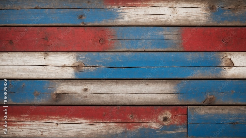 Old painted rustic wood boards background, Americana paint, red white and blue, American flag painting, wall, floor, barn, fence, wooden board with chipping, cracking, peeling, weathered paint Old painted rustic wood boards background, Americana paint, red white and blue, American flag painting, wall, floor, barn, fence, wooden board with chipping, cracking, peeling, weathered paint