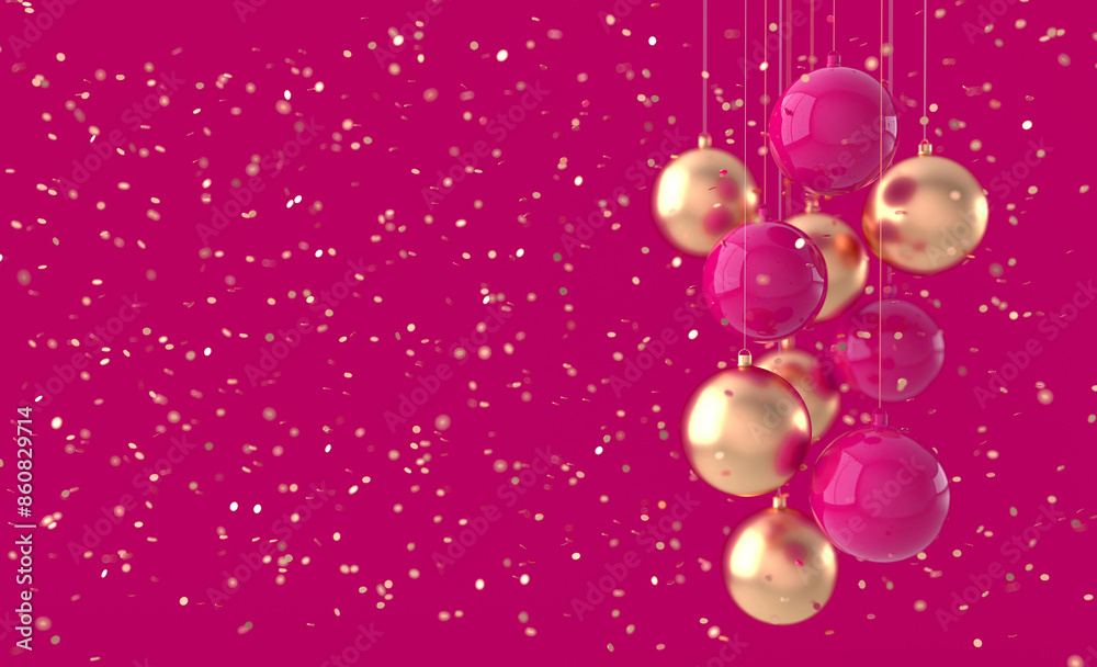 Merry Christmas and Happy New Year 3d render illustration card with golden, red xmas balls, confetti. Winter decoration, xmas minimal design Merry Christmas and Happy New Year 3d render illustration card with golden, red xmas balls, confetti. Winter decoration, xmas minimal design