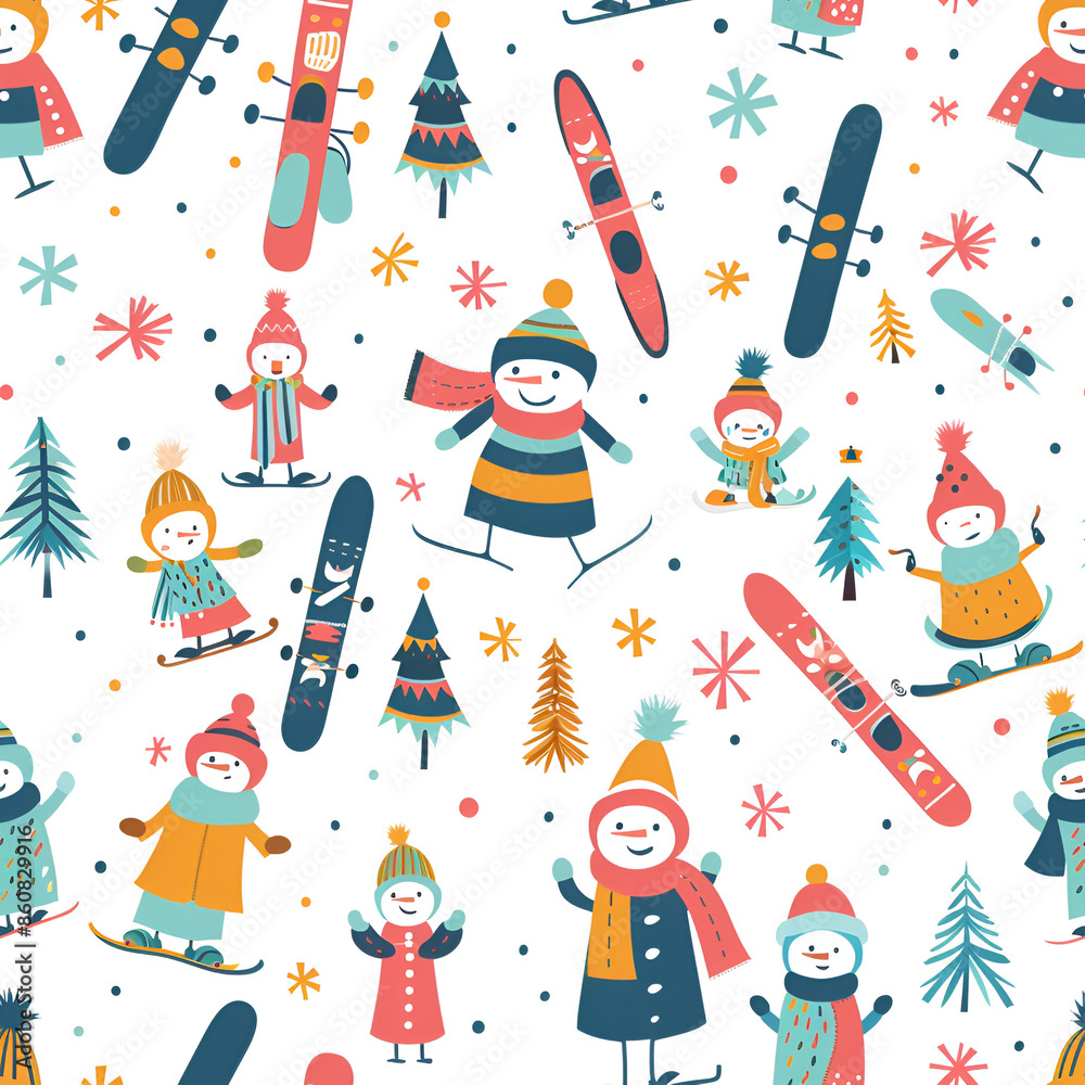 Cute Seamless Pattern with Snow, Skis, and Snowman Cute Seamless Pattern with Snow, Skis, and Snowman