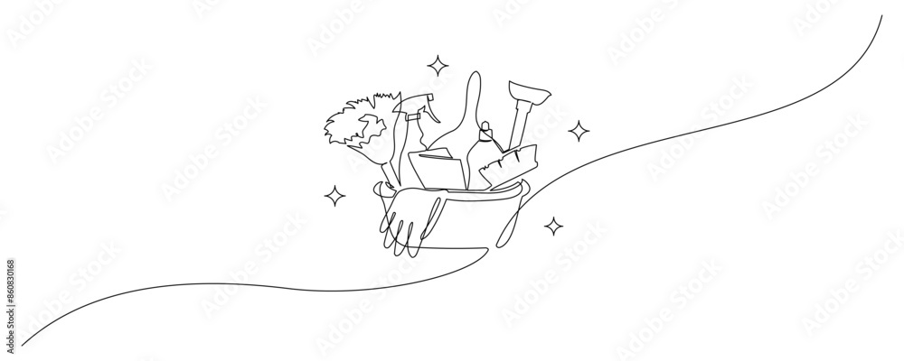 Bucket with cleaning supplies in one continuous line drawing. Cleanup and washing concept in simple linear style. Household and housekeeping symbol in editable stroke. Outline vector illustration Bucket with cleaning supplies in one continuous line drawing. Cleanup and washing concept in simple linear style. Household and housekeeping symbol in editable stroke. Outline vector illustration
