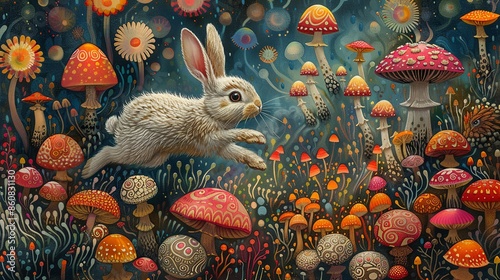 Crazy Rabbit: An illustration featuring a wild-eyed rabbit leaping through a vibrant, chaotic forest filled with oversized, colorful mushrooms and swirling patterns, capturing the essence of madness