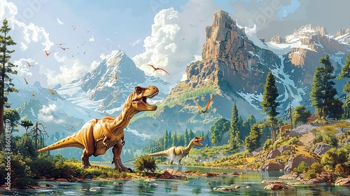 Fototapeta Naklejka Na Ścianę i Meble -  Dinosaur Adventure: A thrilling scene of dinosaurs roaming a prehistoric landscape, with rich details and dynamic action, evoking the excitement of the Jurassic era. Illustration, Minimalism,