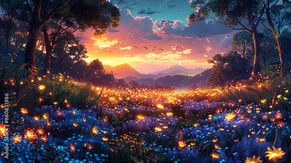 Magic Forest: An enchanted forest filled with luminescent flora and mythical creatures, bathed in an ethereal glow, inviting viewers into a world of fantasy and wonder. Illustration, Minimalism, Magic Forest: An enchanted forest filled with luminescent flora and mythical creatures, bathed in an ethereal glow, inviting viewers into a world of fantasy and wonder. Illustration, Minimalism,