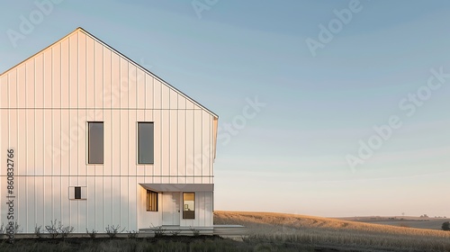 sleek modern farmhouse with off-white exterior, set against a backdrop of rolling fields and a clear blue sky
