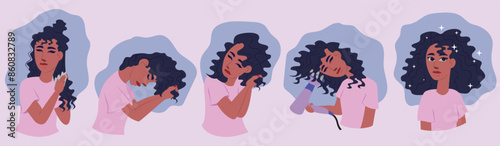 VECTOR ILLUSTRATION OF THE CURLY METHOD. GIRL COMBING HER CURLS WITH A DIFFUSER. LATIN GIRL SHOWING THE STEPS TO HAVE REFINED CURLS. Curly hair care process in steps.