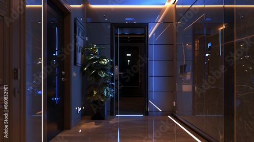 sleek, high-tech entryway with a glossy black door, featuring smart lock technology and ambient LED lighting
