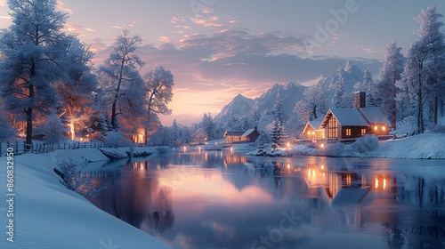 Winter Wonderland: A serene, snowy landscape with frosted trees, cozy cabins, and soft, glowing lights, capturing the peaceful beauty and magic of winter. Illustration, Minimalism, photo