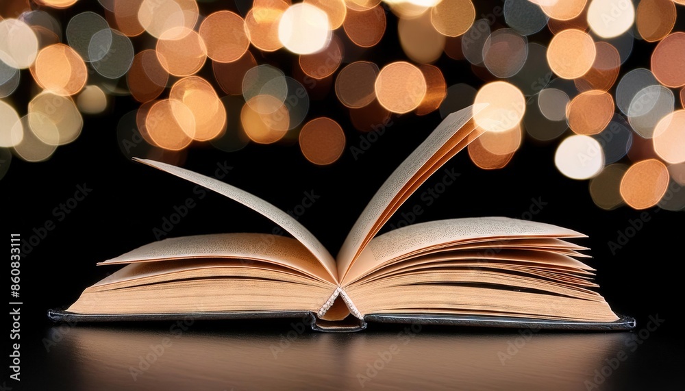 Open Book with Sparkling Bokeh Lights Background