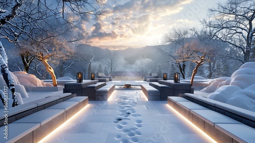 snow-covered outdoor meditation space with heated seating and serene, ambient music playing, designed for mindfulness sessions that embrace the quiet beauty of winter photo