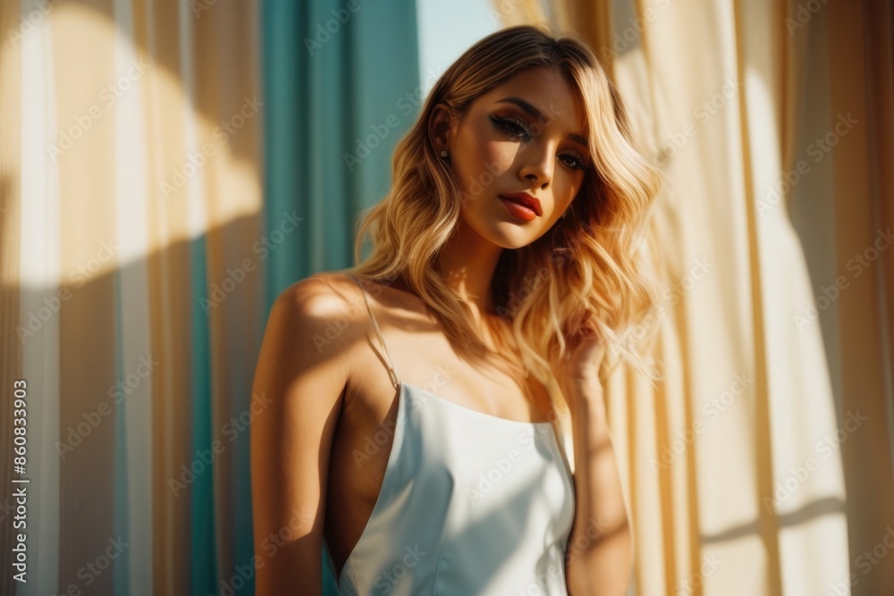 Fashionable beautiful young woman with high contrast shadow Fashionable beautiful young woman with high contrast shadow