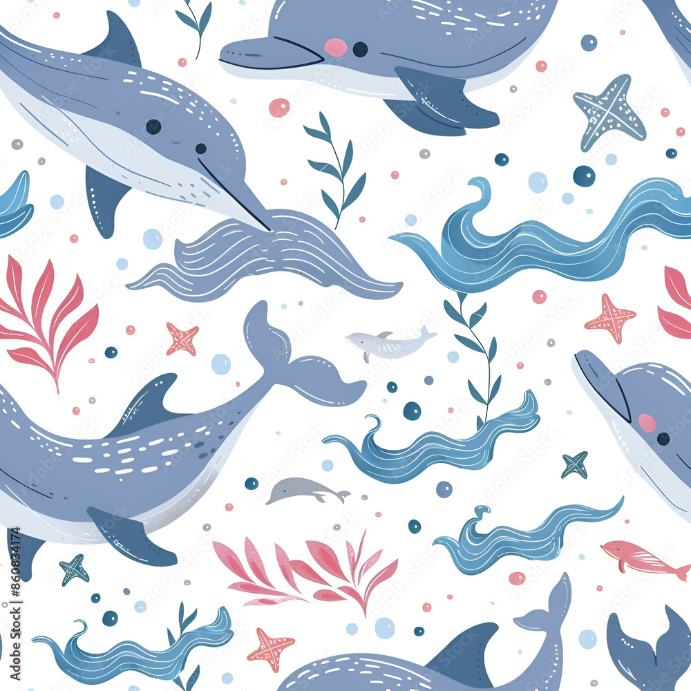 Cute Seamless Pattern with Dolphins and Sea Waves Cute Seamless Pattern with Dolphins and Sea Waves