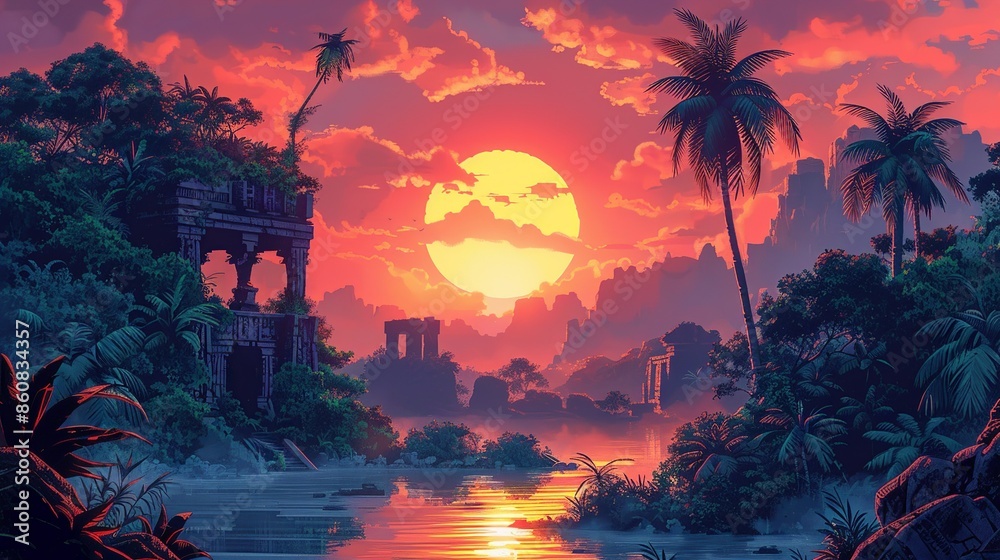 Tropical Jungle Adventure: Illustrate an adventurous scene in a lush tropical jungle with explorers, exotic animals, and ancient ruins. Use vibrant colors and dynamic composition to convey the sense Tropical Jungle Adventure: Illustrate an adventurous scene in a lush tropical jungle with explorers, exotic animals, and ancient ruins. Use vibrant colors and dynamic composition to convey the sense