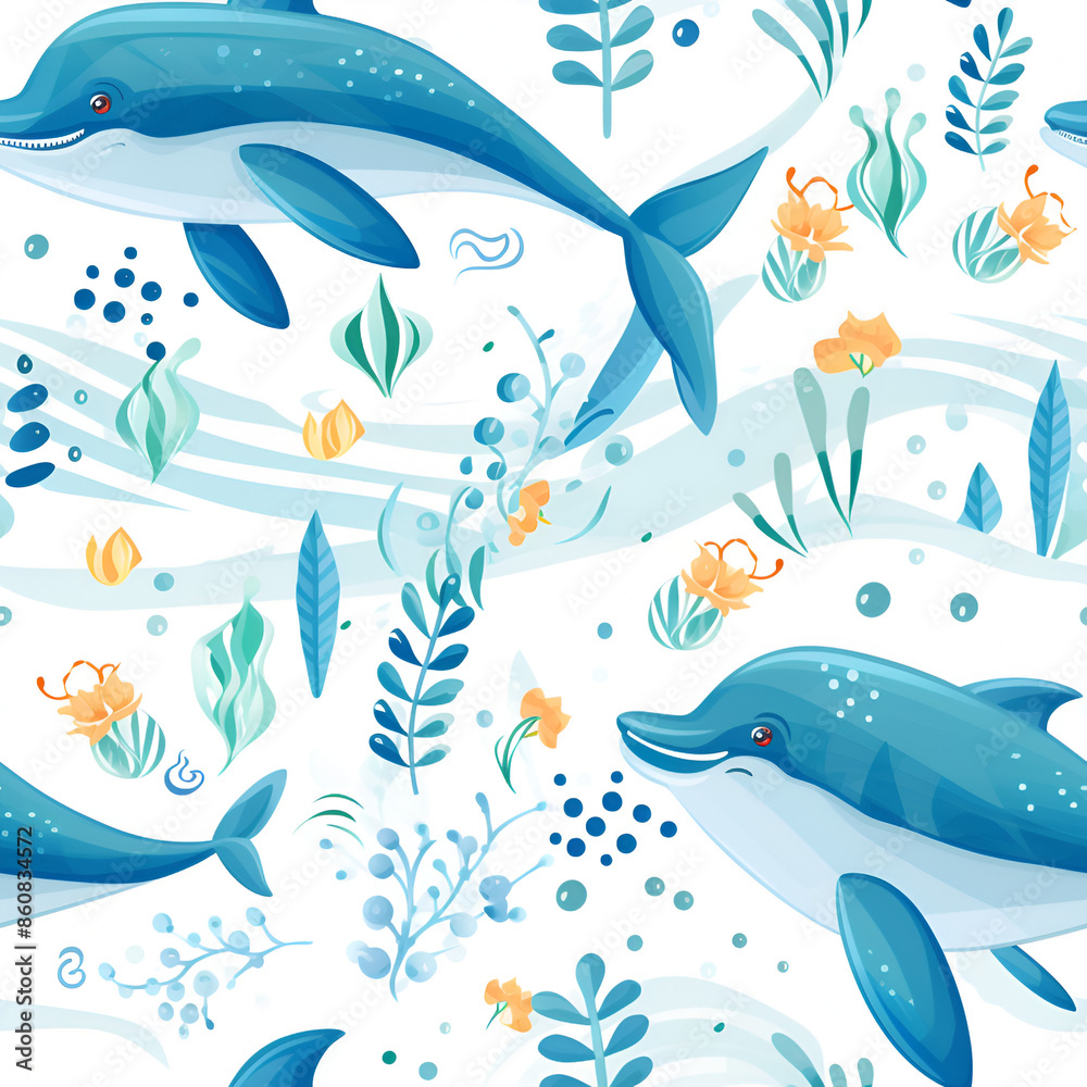 Naklejka premium Cute Seamless Pattern with One Dolphin and Sea Waves
