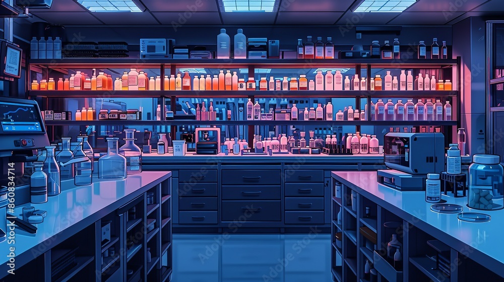 Illustration of a pharmaceutical lab with researchers conducting R&D on new drugs, showcasing various lab instruments and safety protocols. Illustration, Minimalism,