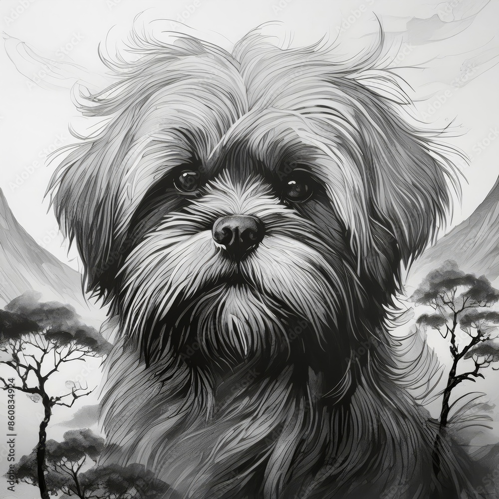 Charcoal drawing, Lhasa Apso dog rendered in charcoal, charcoal drawing technique , generated by AI Charcoal drawing, Lhasa Apso dog rendered in charcoal, charcoal drawing technique , generated by AI