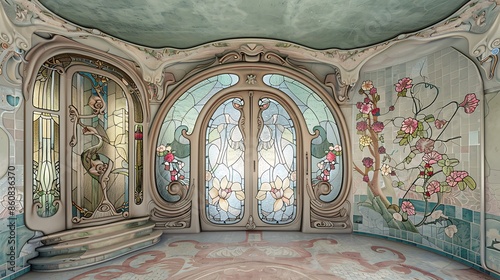 Art Nouveau entryway with an elegantly curved door, adorned with floral motifs and pastel stained glass photo