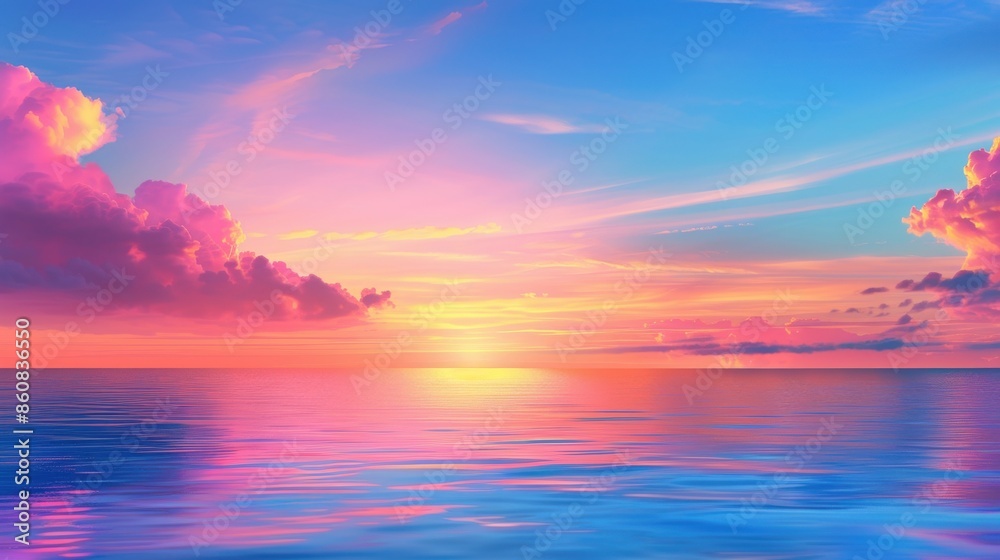 Beautiful sunset over the serene ocean with vibrant pink, orange, and purple hues in the sky reflecting on the calm water's surface. Beautiful sunset over the serene ocean with vibrant pink, orange, and purple hues in the sky reflecting on the calm water's surface.
