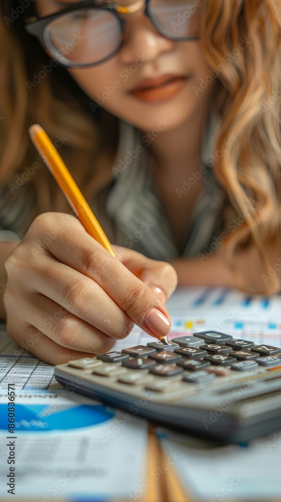 Fototapeta premium closeup Business and finance concept, Business woman using calculator to calculate business data at office