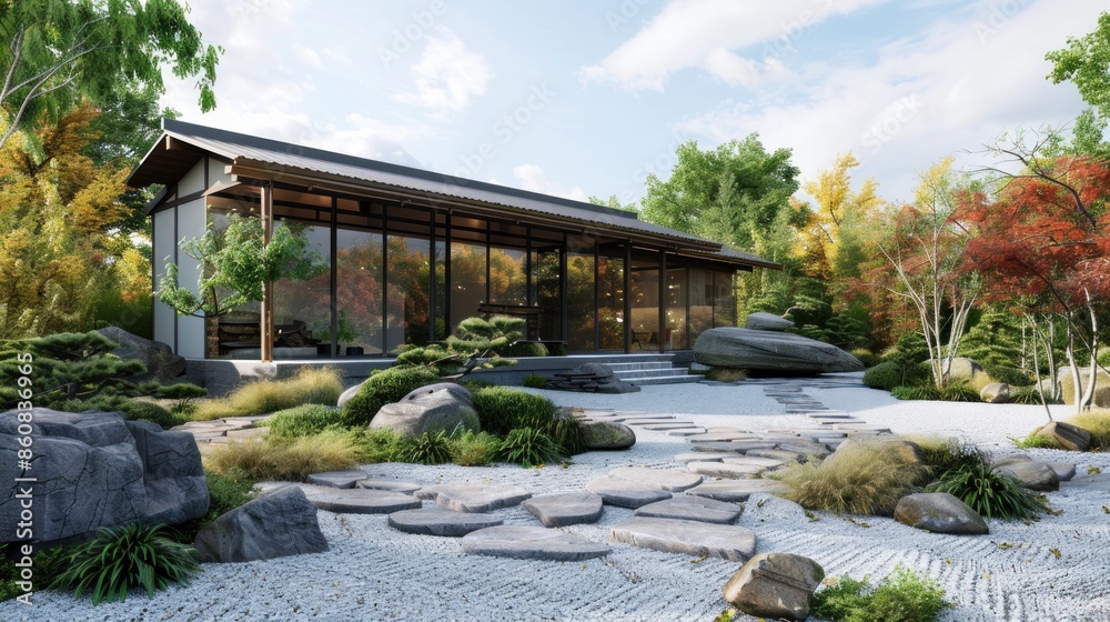 A house with a large glass window and a stone pathway leading to it. Generate AI image A house with a large glass window and a stone pathway leading to it. Generate AI image