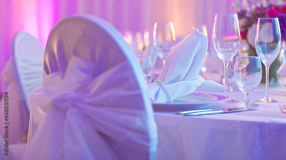 Table setup for a formal dining experience such a wedding or a banquet with focus on a white chair backrest covered in a thin seethrough silky cloth with a purple light delicately refl : Generative AI Table setup for a formal dining experience such a wedding or a banquet with focus on a white chair backrest covered in a thin seethrough silky cloth with a purple light delicately refl : Generative AI