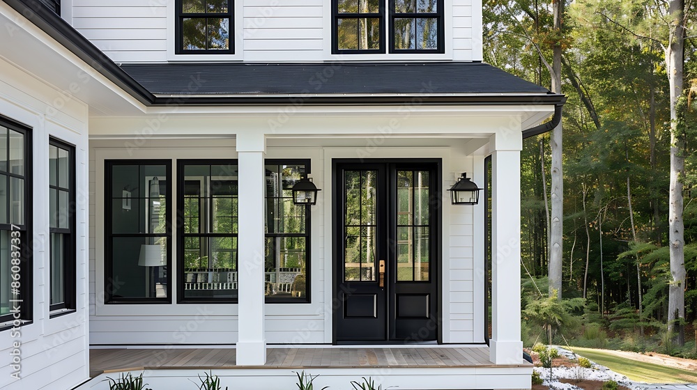 bold black door on a modern farmhouse with white siding and black windows, surrounded by a wrap-around porch bold black door on a modern farmhouse with white siding and black windows, surrounded by a wrap-around porch