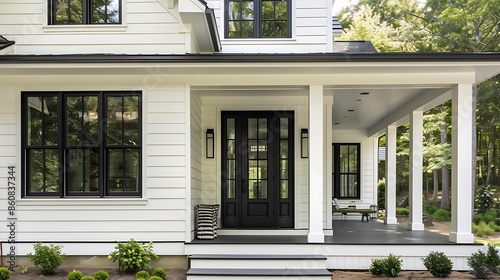 bold black door on a modern farmhouse with white siding and black windows, surrounded by a wrap-around porch