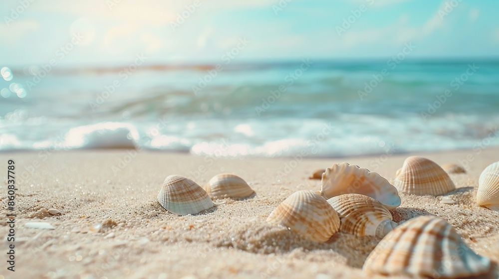 Serene Sandy Beach with Seashells by the Sea - Perfect for a Relaxing Getaway with Plenty of Copy Space Serene Sandy Beach with Seashells by the Sea - Perfect for a Relaxing Getaway with Plenty of Copy Space