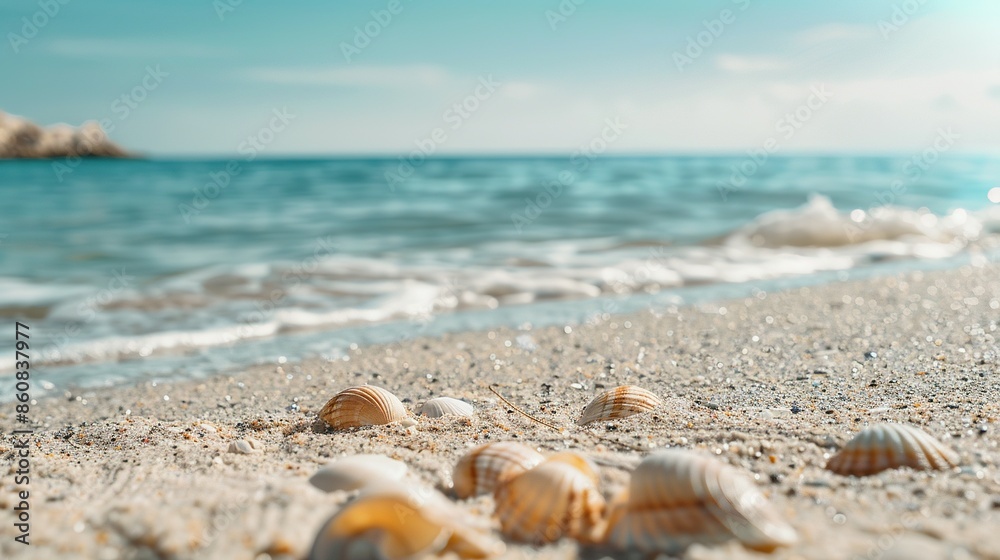 Relaxing Beach Scene with Seashells on the Sand - Perfect for Seaside Vacations and Copy Space Relaxing Beach Scene with Seashells on the Sand - Perfect for Seaside Vacations and Copy Space