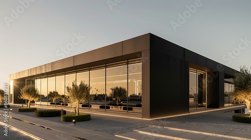 contemporary dance studio with a jet-black facade, large mirrors, and minimalist landscaping under a clear sky © Abdul