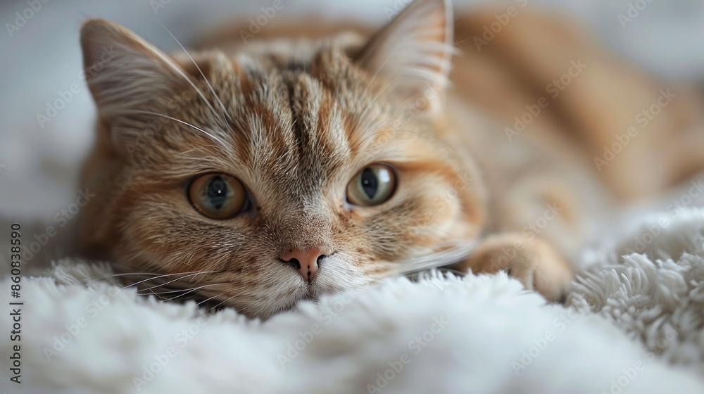 Obraz premium Close-up Portrait of a Tabby Cat Resting on a White Blanket