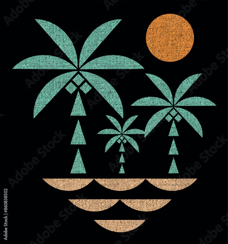 Coconut trees silhouette illustration in tropical landscape. Art in geometric style.