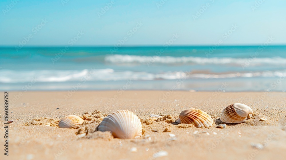 Seashell-Strewn Sandy Beach by the Sea - Perfect for a Relaxing Vacation with Ample Copy Space Seashell-Strewn Sandy Beach by the Sea - Perfect for a Relaxing Vacation with Ample Copy Space