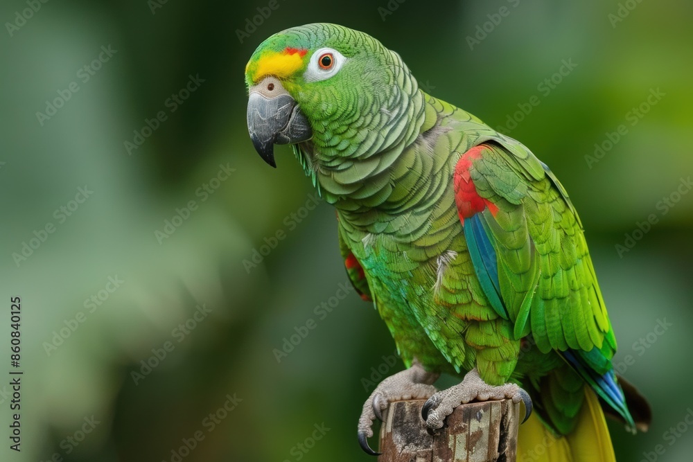 An Amazon parrot with green feathers and a splash of red and yellow, perched on a wooden stand An Amazon parrot with green feathers and a splash of red and yellow, perched on a wooden stand