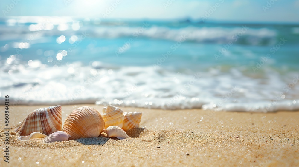 Scenic Sandy Beach with Seashells - Ideal for a Relaxing Seaside Vacation with Ample Copy Space Scenic Sandy Beach with Seashells - Ideal for a Relaxing Seaside Vacation with Ample Copy Space