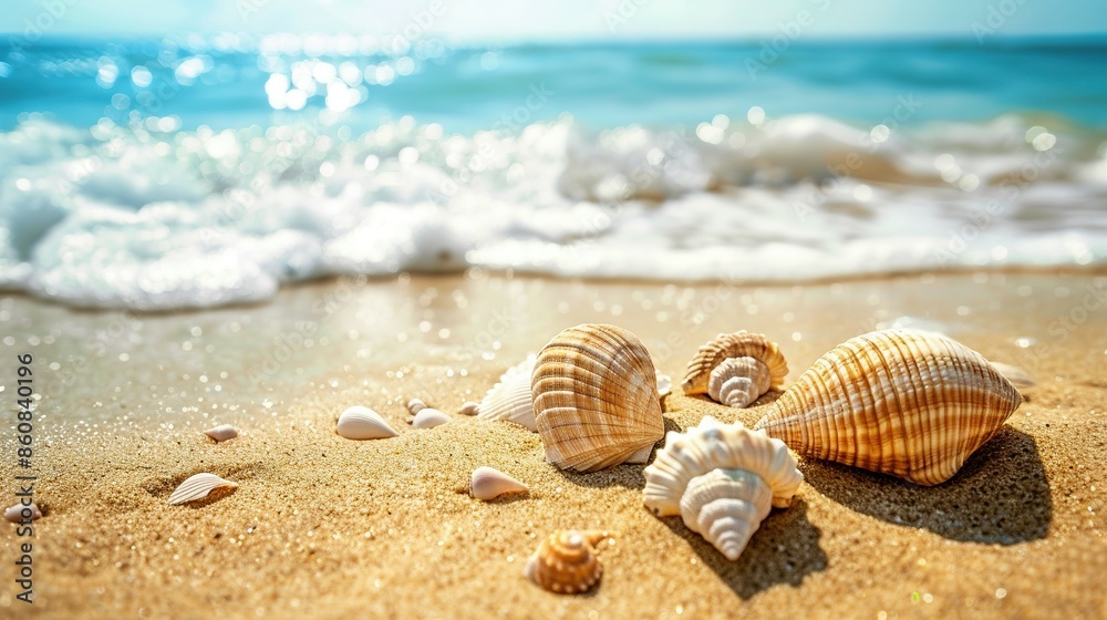 Scenic Sandy Beach with Seashells - Ideal for a Relaxing Seaside Vacation with Ample Copy Space Scenic Sandy Beach with Seashells - Ideal for a Relaxing Seaside Vacation with Ample Copy Space