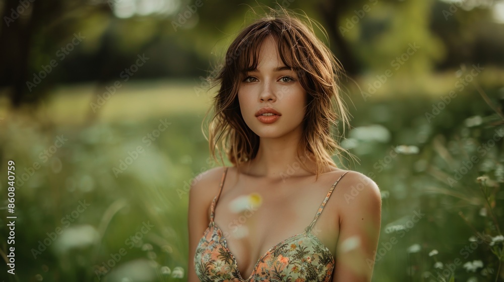 A woman with long hair is standing in a lush green field. A woman with long hair is standing in a lush green field.