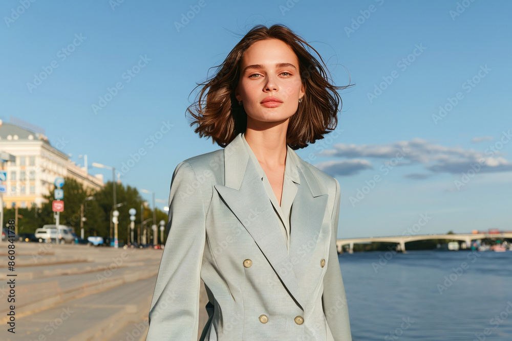 old money caucasian chic female fashion model wearing light blue double-breasted blazer in european location, professional high-fashion photography old money caucasian chic female fashion model wearing light blue double-breasted blazer in european location, professional high-fashion photography