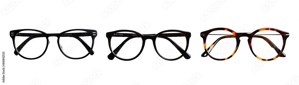 Eyeglasses in Black, Tortoiseshell, and Clear Frames. Isolated on a Transparent Background. Cutout PNG.