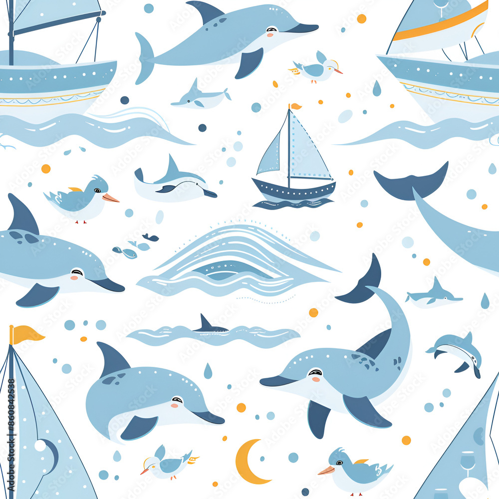 Cute Sailboat and Dolphins Pattern Cute Sailboat and Dolphins Pattern