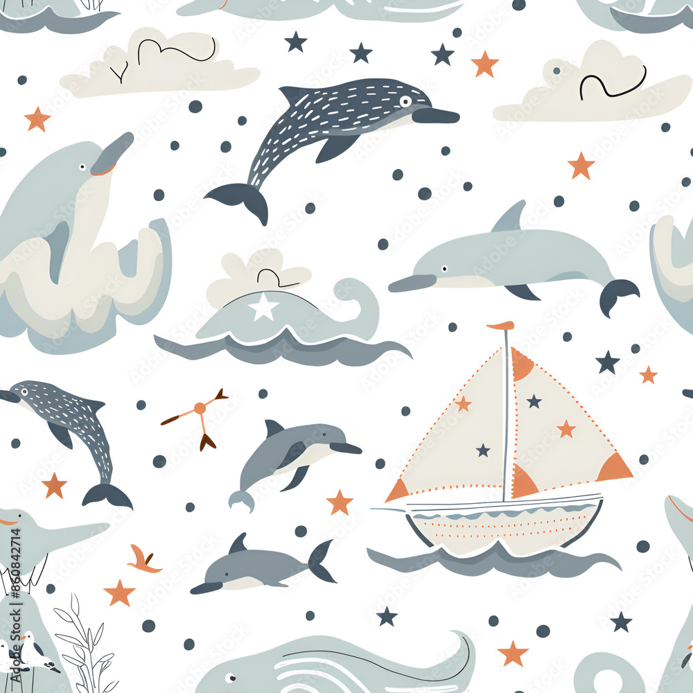 Fototapeta premium Cute Sailboat and Dolphins Pattern