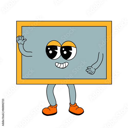 Childrens school supply - cartoon chalkboard in retro groovy style. Funny mascot for education Back to school banner, cover design, poster or sticker. y2k school character - stationery item.