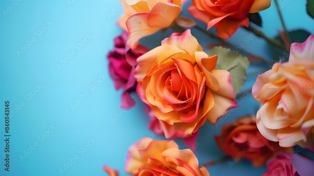 Colorful artificial rose flowers on blue background Selective focus : Generative AI Colorful artificial rose flowers on blue background Selective focus : Generative AI