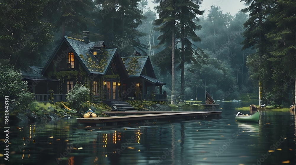 lake house with a dark moss exterior, nestled among tall trees with a dock extending into serene waters, canoes ready for an early paddle