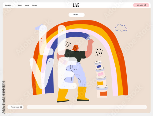 Life Unframed: Rainbow artist -modern flat vector concept illustration of a man drawing a rainbow. Metaphor of unpredictability, imagination, whimsy, cycle of existence, play, growth and discovery