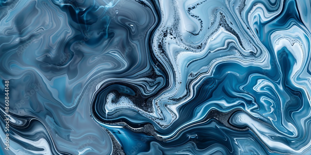 Abstract background of silver, black and blue marble texture. Liquid marble pattern