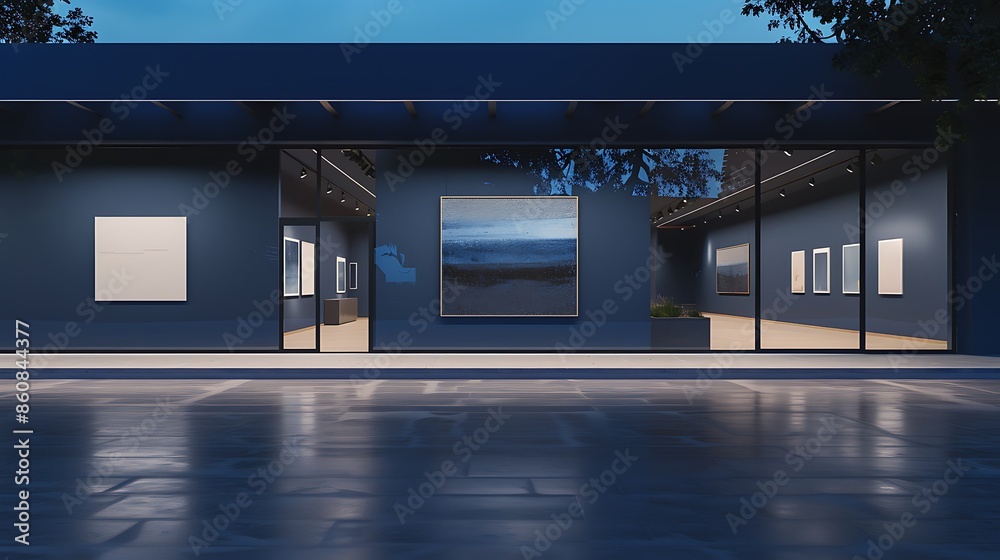 minimalist gallery with a dark indigo exterior, featuring large, open spaces displaying contemporary art under soft lighting