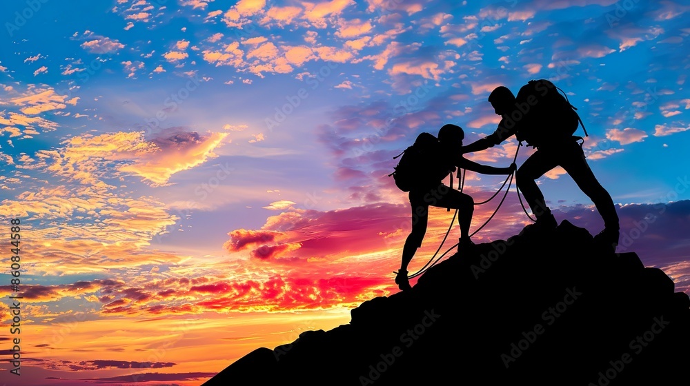 Silhouette Hikers Sunset Adventure Climbing Mountain Helping Each Other Outdoor Journey Silhouette Hikers Sunset Adventure Climbing Mountain Helping Each Other Outdoor Journey