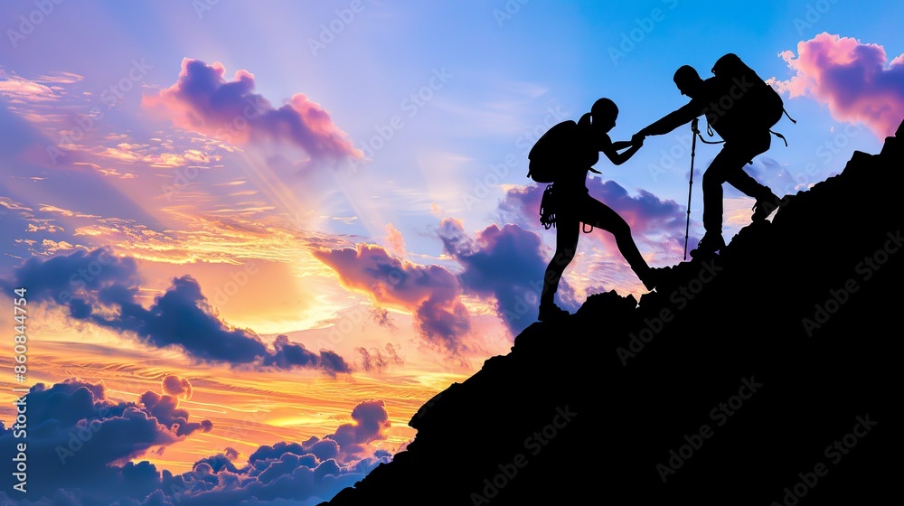 Hikers Silhouette Helping Each Other Mountain Climb Sunset Sky Outdoor Adventure Journey Hikers Silhouette Helping Each Other Mountain Climb Sunset Sky Outdoor Adventure Journey