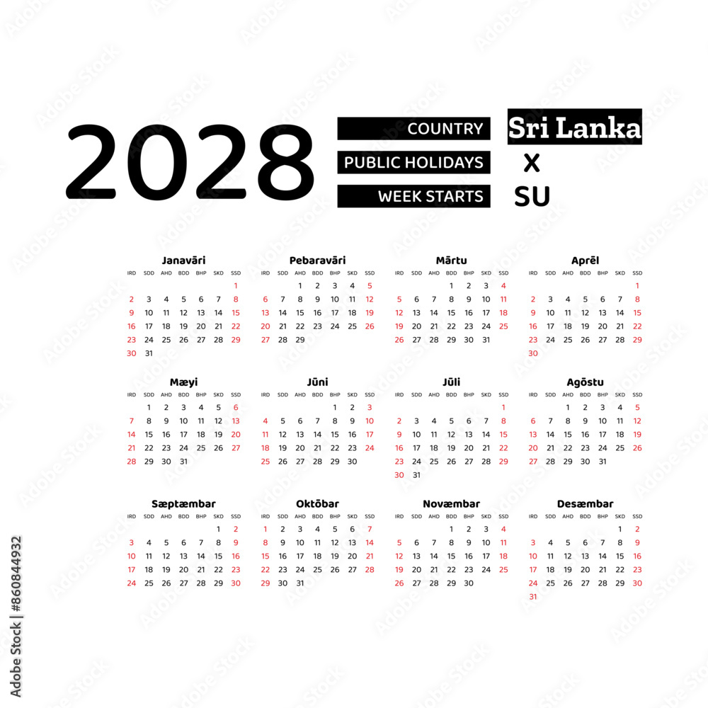 Calendar 2028 Sinhala language with Sri Lanka public holidays. Week starts from Sunday. Graphic design vector illustration. Calendar 2028 Sinhala language with Sri Lanka public holidays. Week starts from Sunday. Graphic design vector illustration.