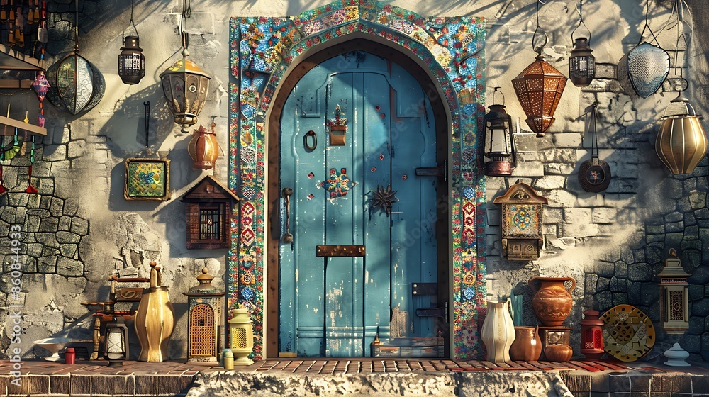 Obraz premium door painted in a cool slate blue, surrounded by a mosaic of colorful tiles and a variety of rustic hanging lanterns